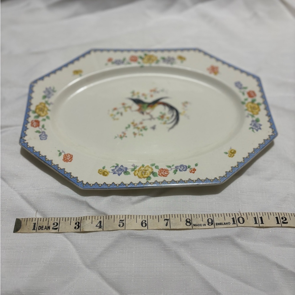 Vintage Floral Octagonal Platter with Bird Design